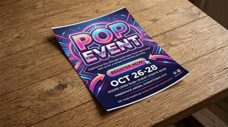 Vibrant event flyer mockup printed and lying on a wooden table