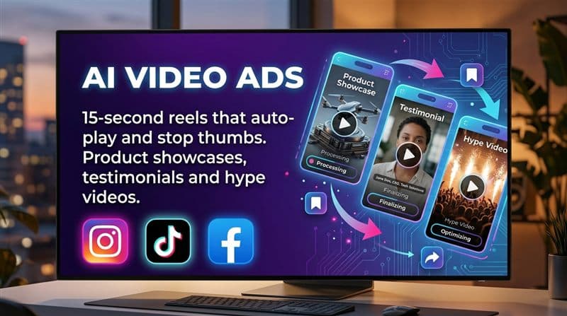 AI video ads explainer on a monitor with phone-format reels